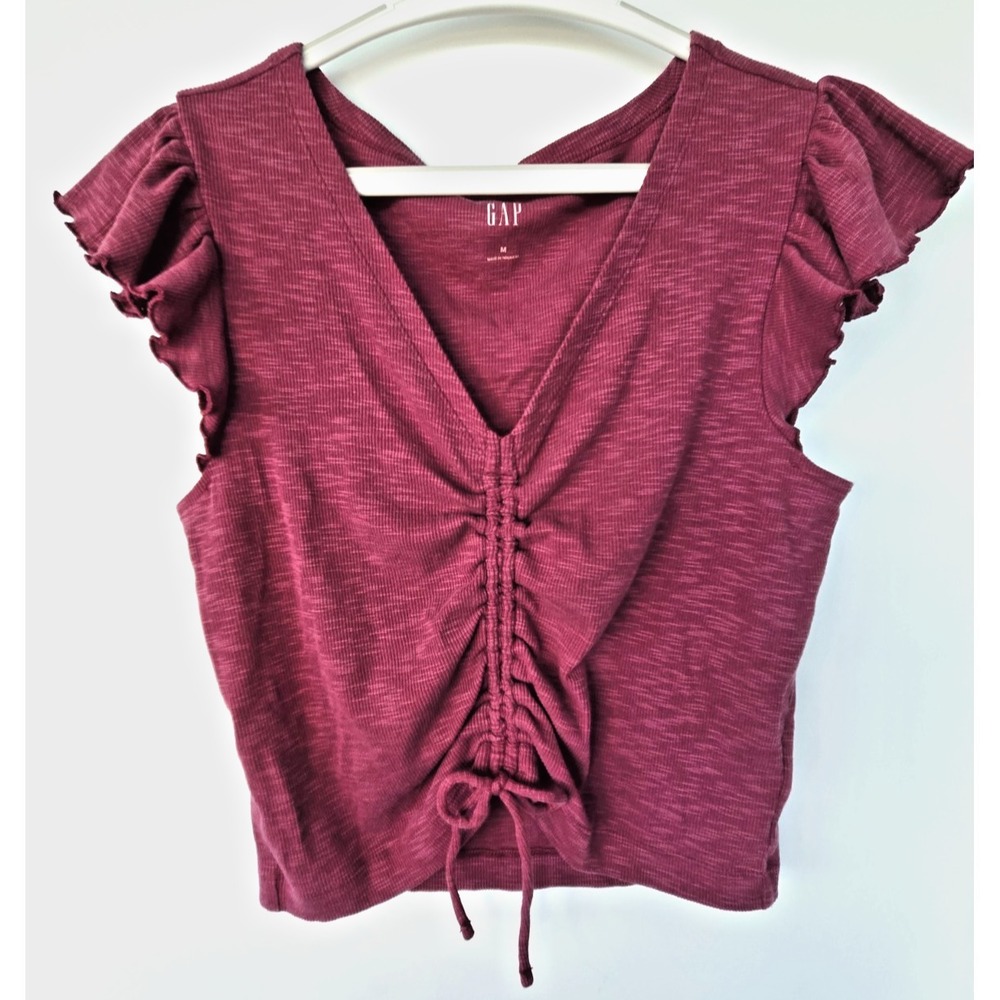 Gap top Ruffle Cap Sleeve Ruched Front V Neck Winery Red Women's M Whimsy Y2K‎